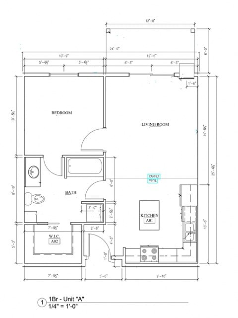 Floor plan for 1 bed, 1 bath, 719 sqft